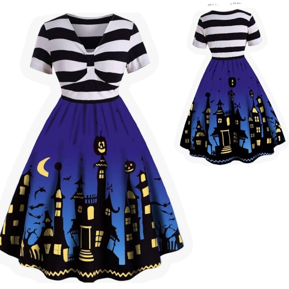 Halloween Dress Striped Pumpkin Halloween Costume Flared Dresse Plus Size 3XL